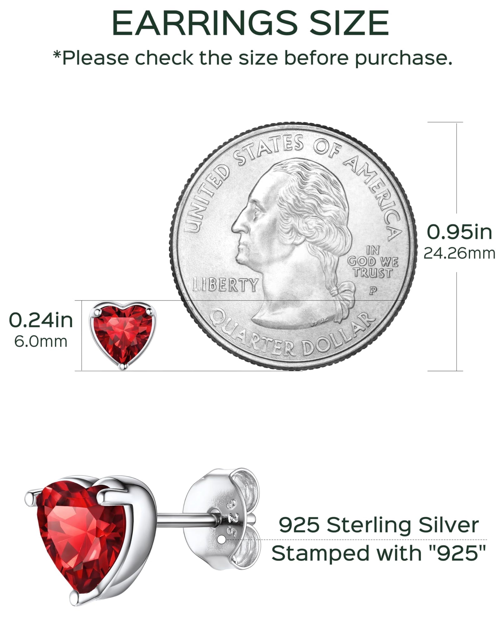 925 Sterling Silver Heart Birthstone Earrings, Synthetic Garnet Studs Cute Gift for Birthday Valentine'S Day, Party & Daily Wear Accessory for Women