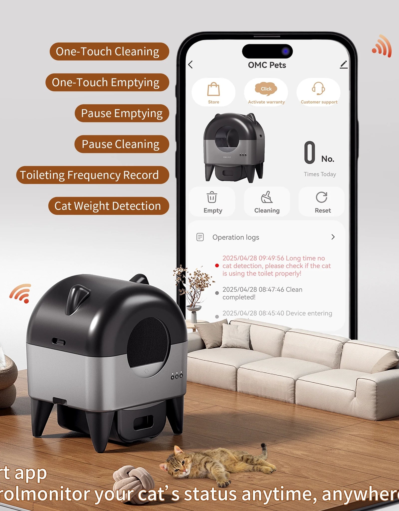 OMCPET Self Cleaning Cat Litter Box, Automatic Smart Litter Box for Multiple Cats with 10 Safety Sensor Radars, 110L Electric Cat Box with App-Control, Odor Control, Quiet Operation, Black