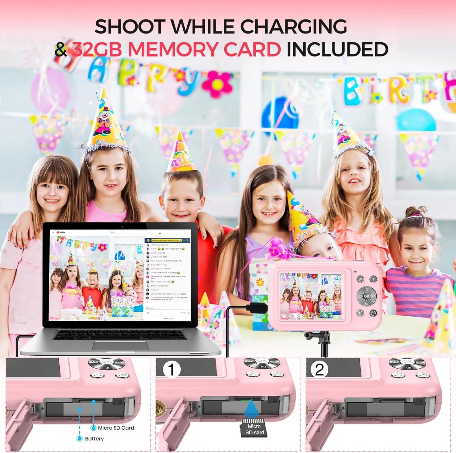 Cámara Digital Cámara Para Niños Con Tarjeta De 32GB FHD 1080P 44MP Cámara Para Vlogging Zoom Digital 16X Cámara Portátil (Rosa)