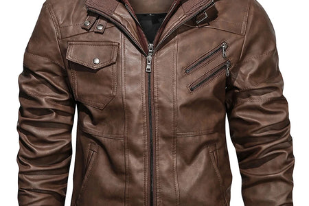 Chaqueta De Cuero Sintético Pu Para Hombre Con Capucha Desmontable Marrón 2XL