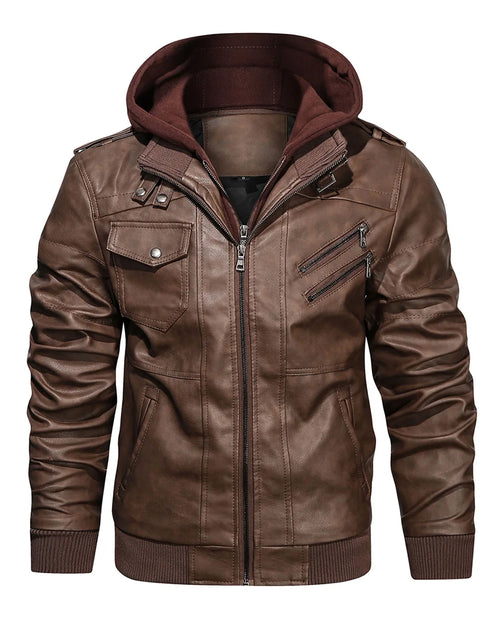 Load image into Gallery viewer, Chaqueta De Cuero Sintético Pu Para Hombre Con Capucha Desmontable Marrón 2XL
