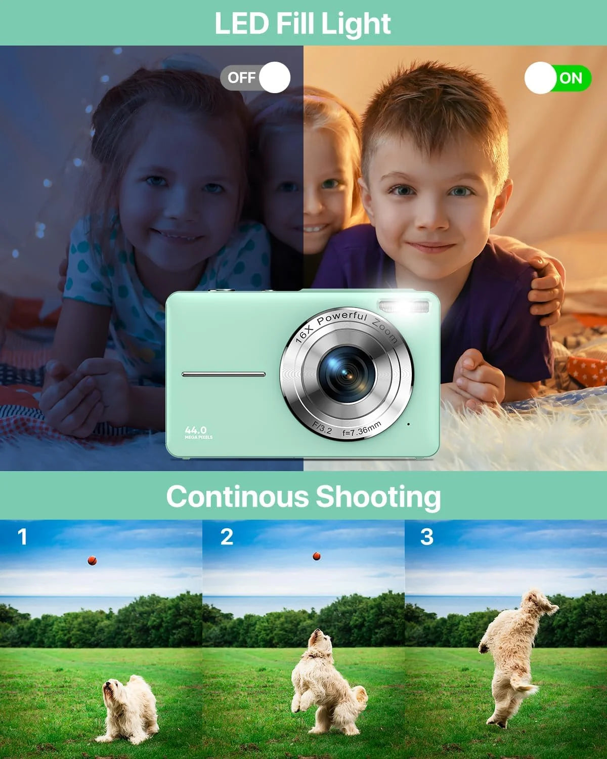 Digital Camera FHD1080P 44MP Portable Camera for Kids 2.4"LCD Screen Small Video Camera with 32G Card