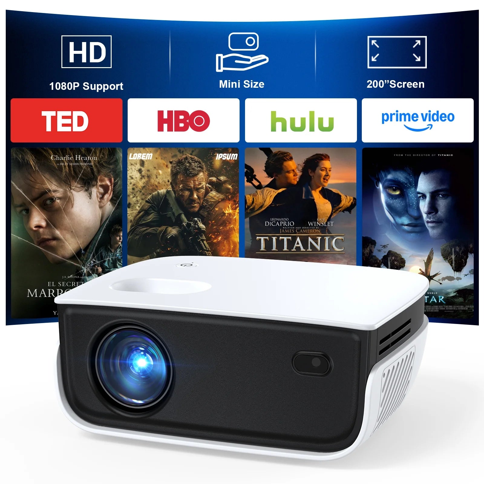 Proyector Mini 1080P Con Bluetooth, Corrección De Clave, Hasta Soporta Pantalla De 240''