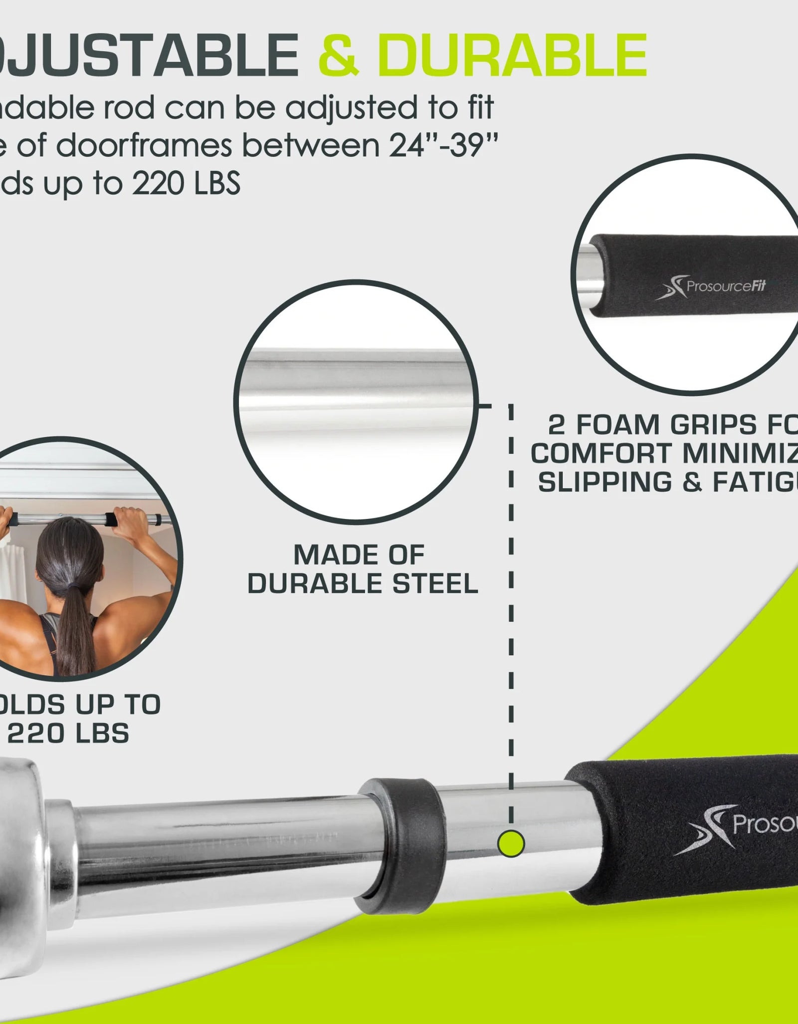 Heavy Duty Doorway Mount Pull Up/Chin-Up Bar, Adjustable with Foam Grips for Home Workouts