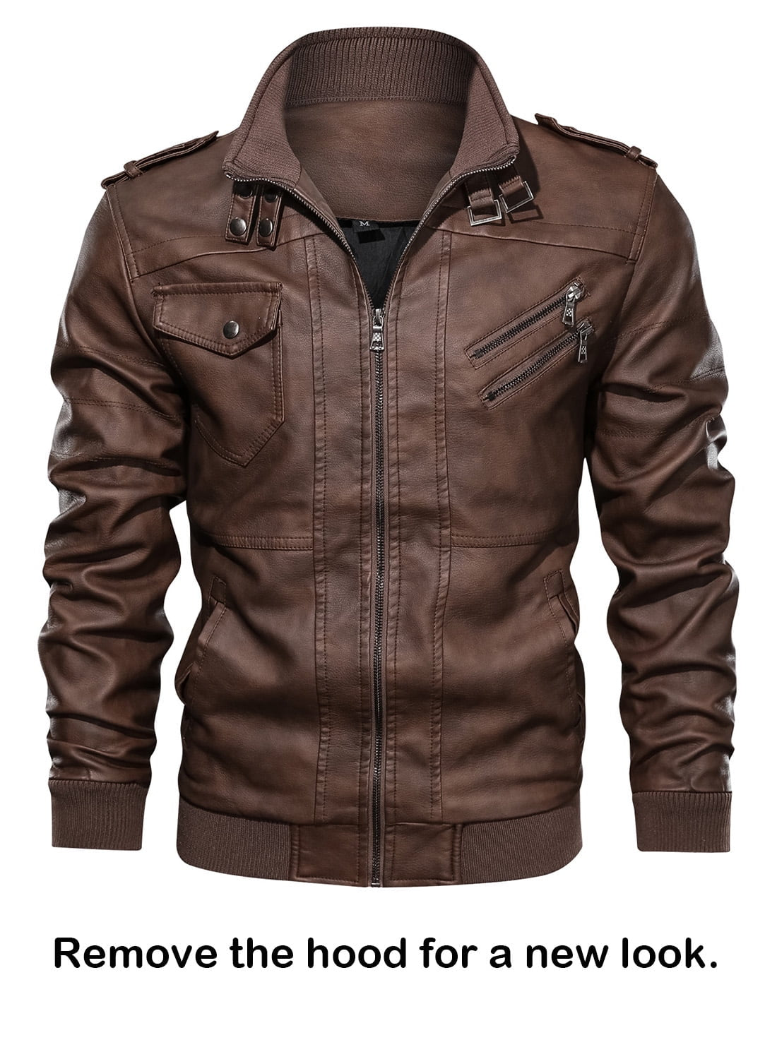 Chaqueta De Cuero Sintético Pu Para Hombre Con Capucha Desmontable Marrón 2XL