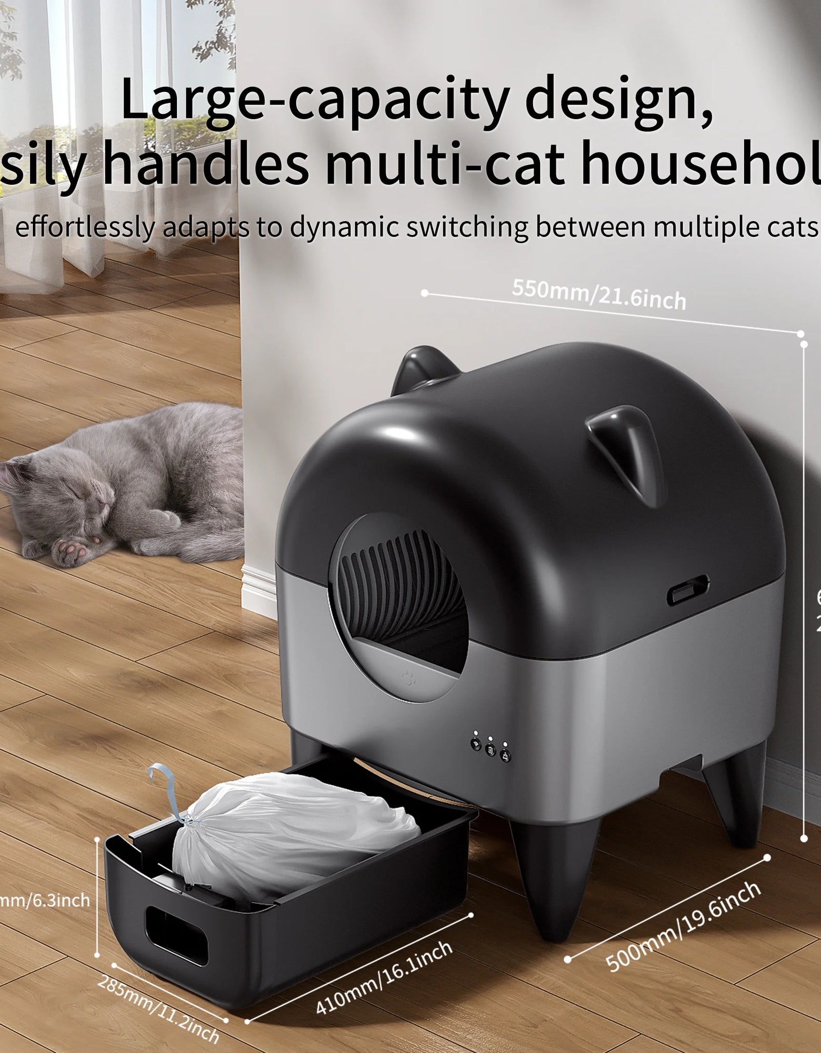 OMCPET Self Cleaning Cat Litter Box, Automatic Smart Litter Box for Multiple Cats with 10 Safety Sensor Radars, 110L Electric Cat Box with App-Control, Odor Control, Quiet Operation, Black