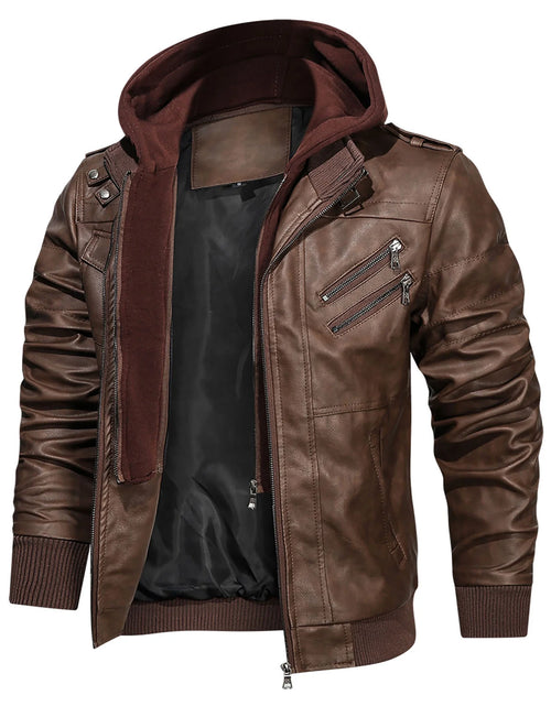 Load image into Gallery viewer, Chaqueta De Cuero Sintético Pu Para Hombre Con Capucha Desmontable Marrón 2XL
