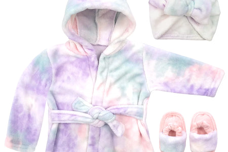 Bata Para Bebé - Juego De Bata De Baño De Felpa Suave - Bata De Baño Y Pantuflas Para Niños + Turbante Para Niñas (Tie Dye, 12-24 Meses)