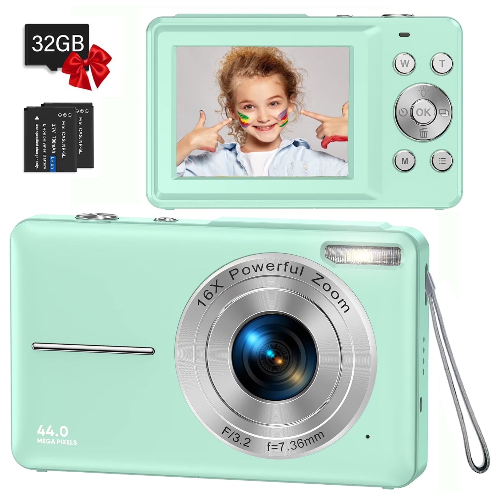 Digital Camera FHD1080P 44MP Portable Camera for Kids 2.4"LCD Screen Small Video Camera with 32G Card