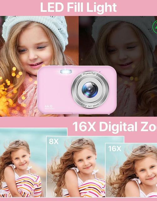Load image into Gallery viewer, Cámara Digital Cámara Para Niños Con Tarjeta De 32GB FHD 1080P 44MP Cámara Para Vlogging Zoom Digital 16X Cámara Portátil (Rosa)
