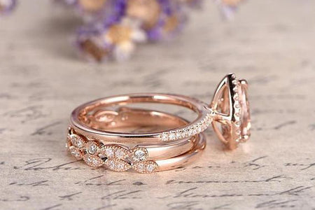 1.75 Carat Pear Cut Lab Created Morganite Art Deco Trio Bridal Set in 18K Rose Gold over Silver