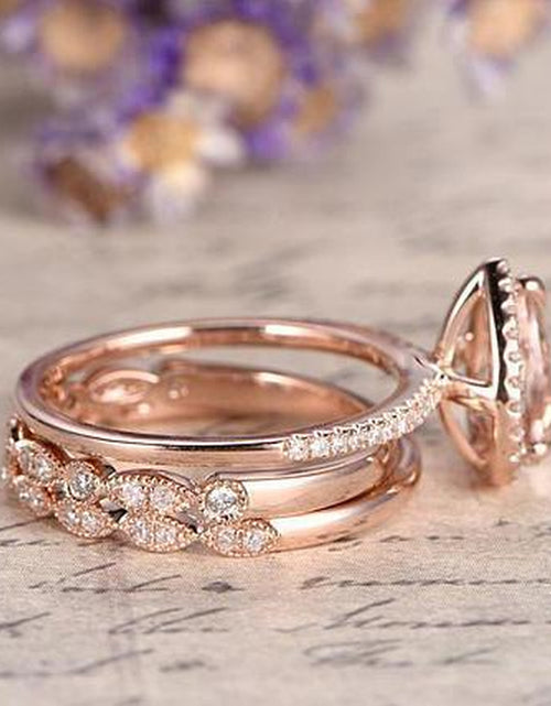 Load image into Gallery viewer, 1.75 Carat Pear Cut Lab Created Morganite Art Deco Trio Bridal Set in 18K Rose Gold over Silver
