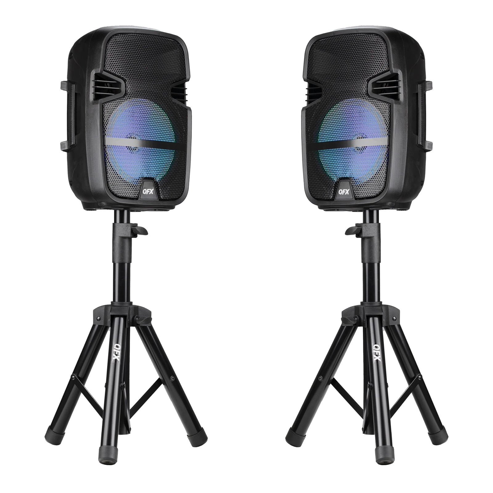 PBX-808TWS Dual 8-Inch Portable Bluetooth PA Speaker System with Stands, Wired Mics, Remotes, USB/FM/TWS/LED