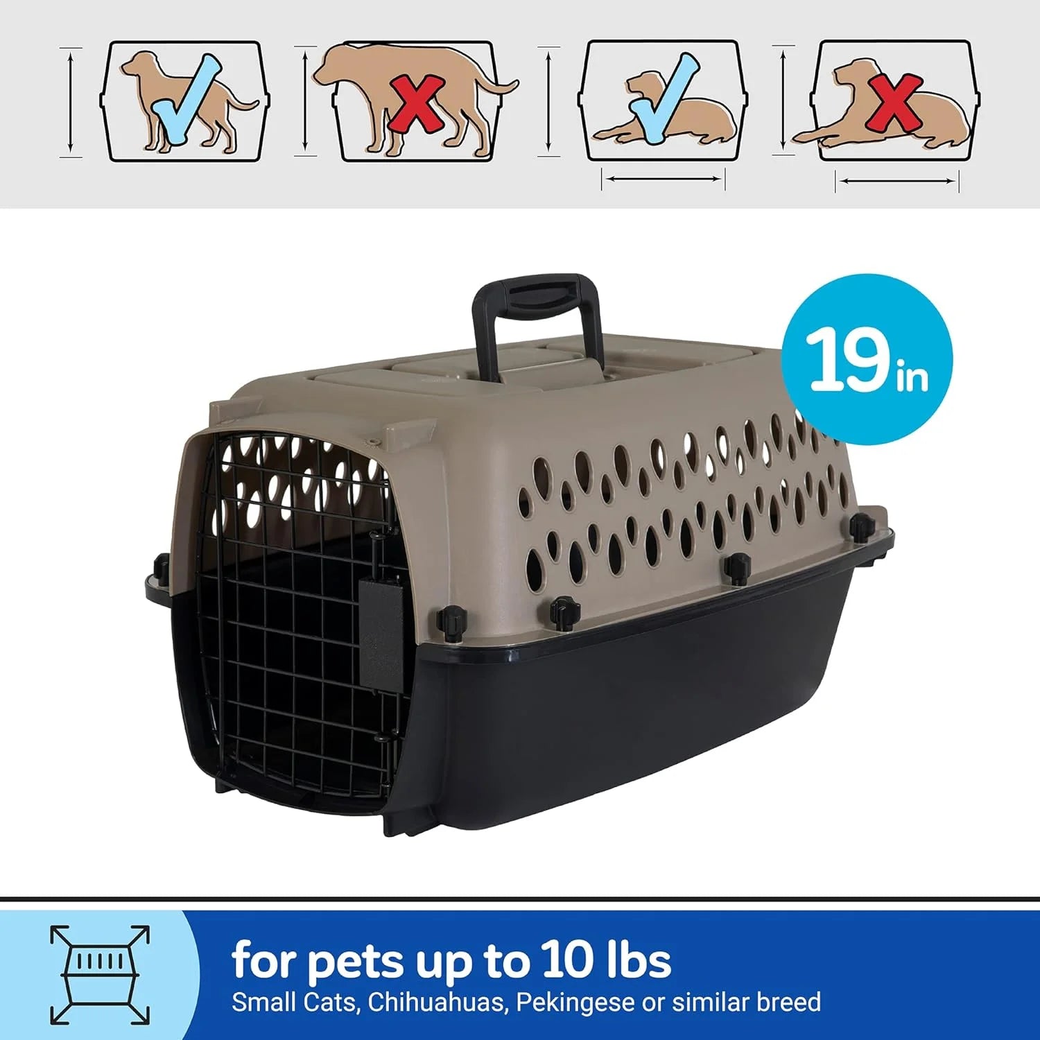 Transportín Portátil Para Perros, Transportador De Viaje Rígido, Duradero, Puerta De Metal, Negro Y Gris, Para Mascotas De Hasta 10 Lb, 19" L X 12.3" W X 10.8" H