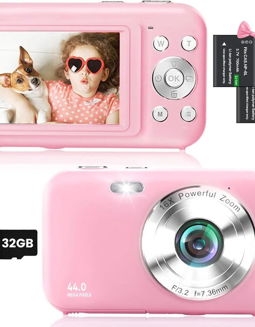 Load image into Gallery viewer, Cámara Digital Cámara Para Niños Con Tarjeta De 32GB FHD 1080P 44MP Cámara Para Vlogging Zoom Digital 16X Cámara Portátil (Rosa)
