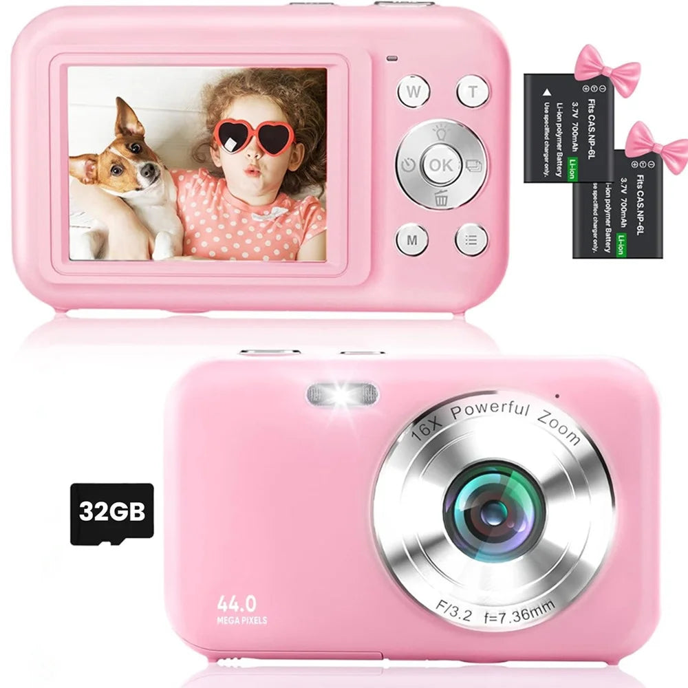 Cámara Digital Cámara Para Niños Con Tarjeta De 32GB FHD 1080P 44MP Cámara Para Vlogging Zoom Digital 16X Cámara Portátil (Rosa)