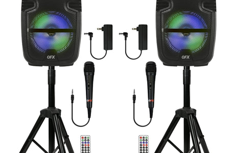 PBX-808TWS Dual 8-Inch Portable Bluetooth PA Speaker System with Stands, Wired Mics, Remotes, USB/FM/TWS/LED