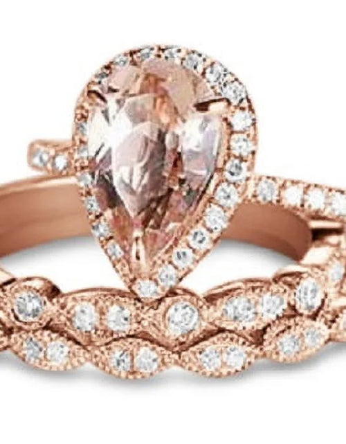 Load image into Gallery viewer, 1.75 Carat Pear Cut Lab Created Morganite Art Deco Trio Bridal Set in 18K Rose Gold over Silver
