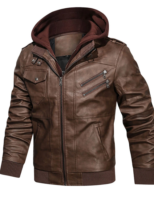 Load image into Gallery viewer, Chaqueta De Cuero Sintético Pu Para Hombre Con Capucha Desmontable Marrón 2XL
