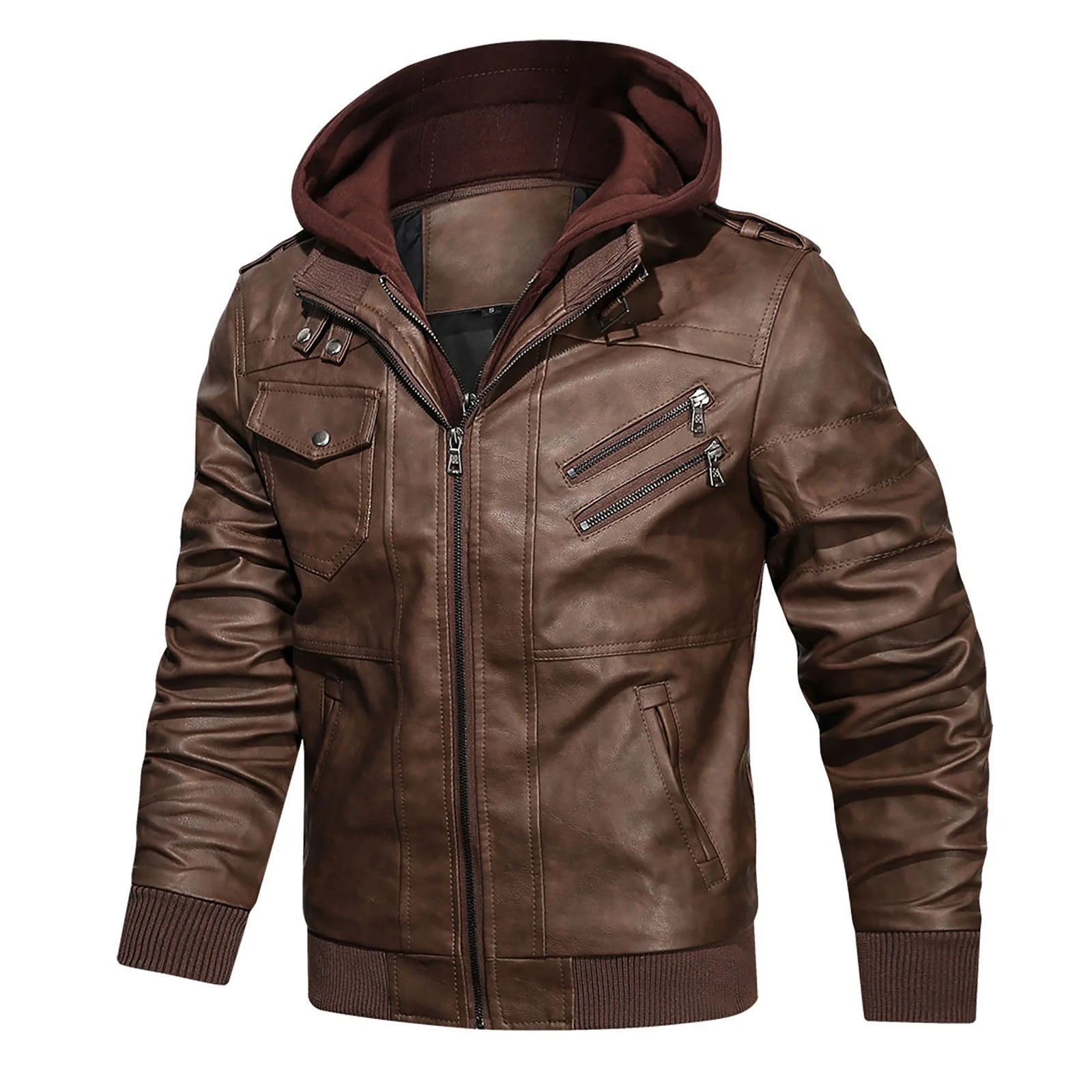 Chaqueta De Cuero Sintético Pu Para Hombre Con Capucha Desmontable Marrón 2XL
