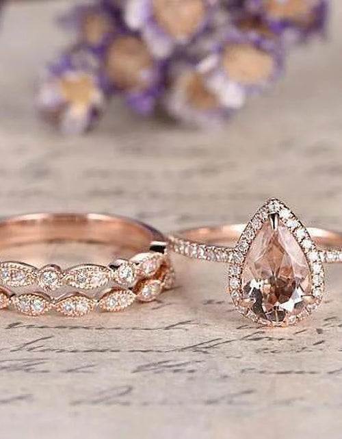 Load image into Gallery viewer, 1.75 Carat Pear Cut Lab Created Morganite Art Deco Trio Bridal Set in 18K Rose Gold over Silver
