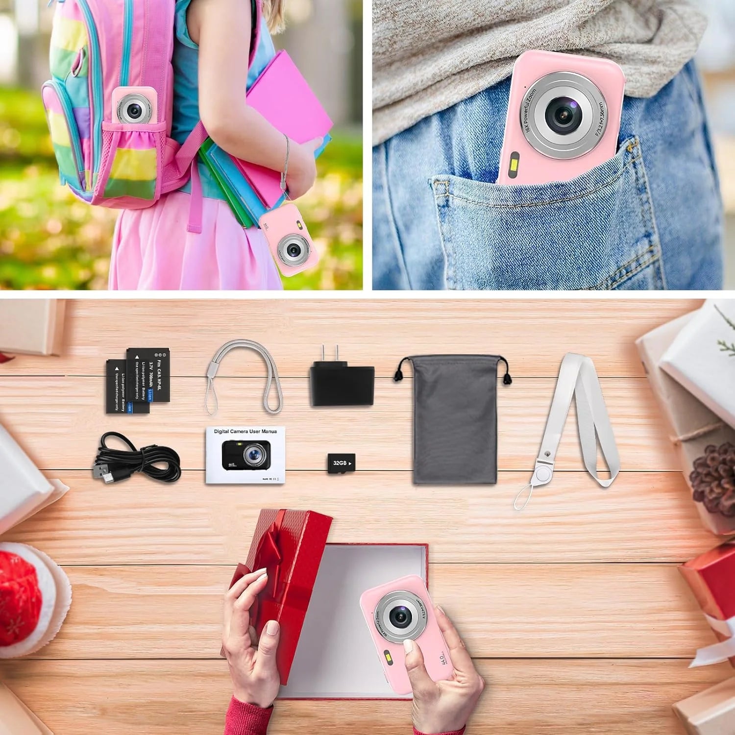 Cámara Digital Cámara Para Niños Con Tarjeta De 32GB FHD 1080P 44MP Cámara Para Vlogging Zoom Digital 16X Cámara Portátil (Rosa)