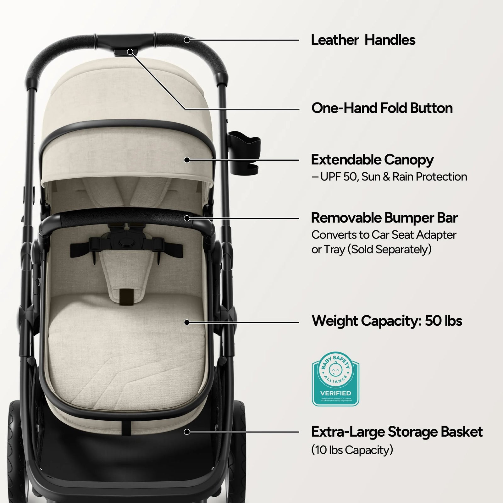 Wiz Carriola 2 En 1 Para Bebé Con Modo Moisés, Asiento Reversible Y Capota Grande, Caqui, 22.3 Lb, Unisex