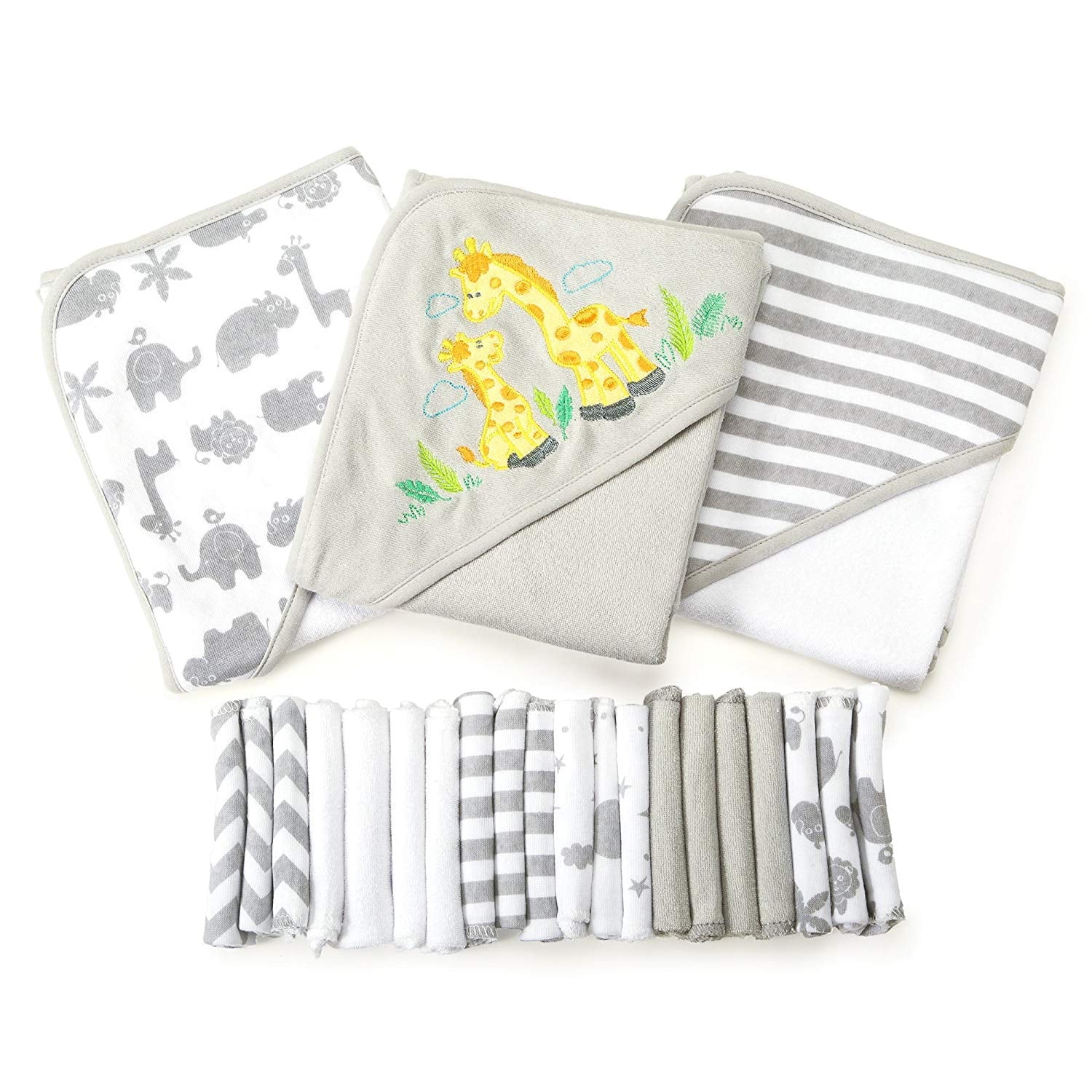 Juego De Toallas Con Capucha Para Baño Y Paños Para Bebés, Juego De Regalo De 23 Piezas, Jirafa Gris