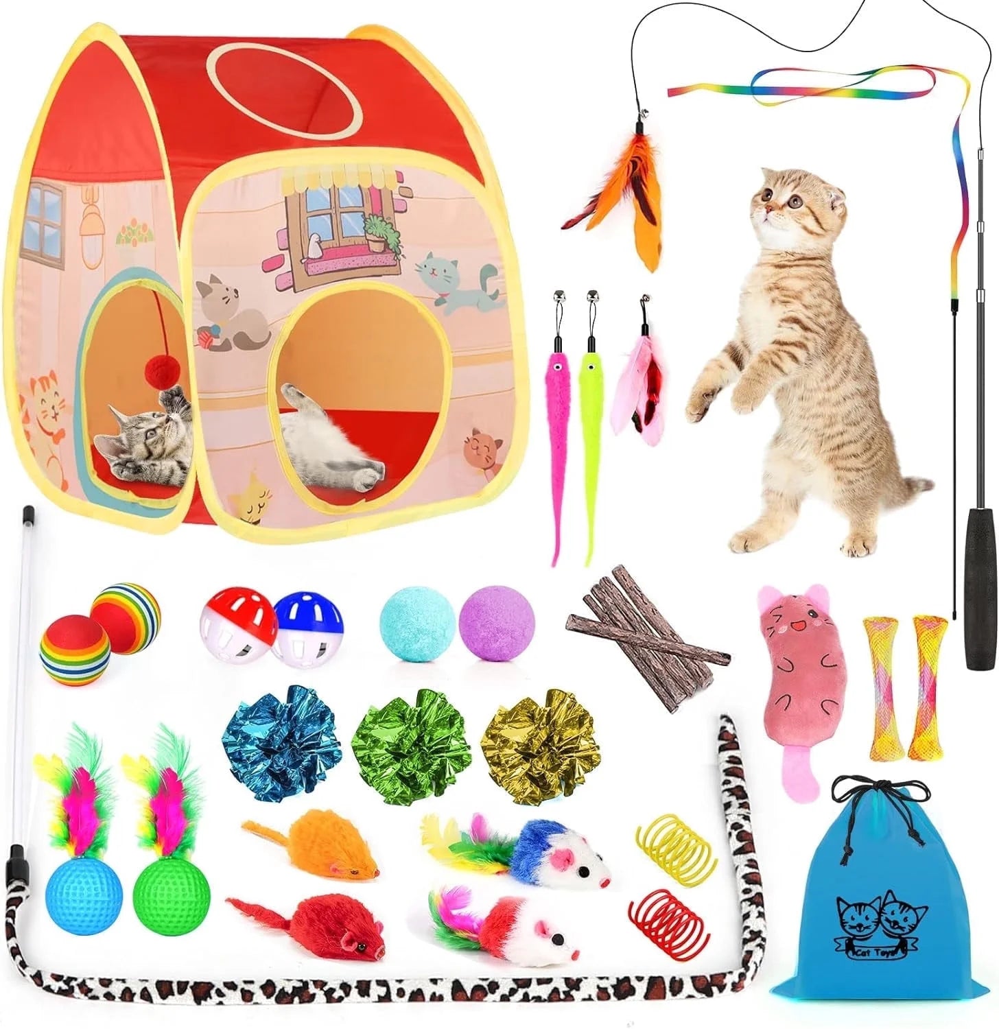 34 Pzas Juguetes Para Gatos Juguetes Para Gatitos, Juguetes Interactivos Para Gatitos Con Túneles Plegables Para Gatos Tienda, Varita Para Gato Juguete De Pluma Con Hierba Gatera