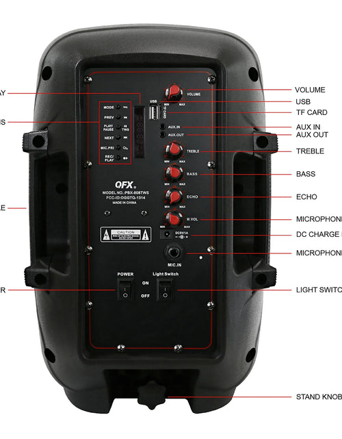 Load image into Gallery viewer, PBX-808TWS Dual 8-Inch Portable Bluetooth PA Speaker System with Stands, Wired Mics, Remotes, USB/FM/TWS/LED
